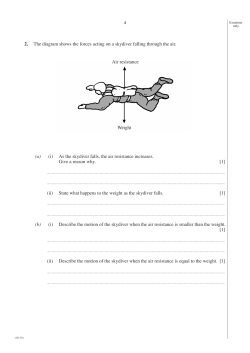 4 2. The diagram shows the forces acting on a skydiver falling