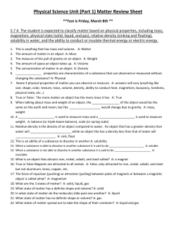 Physical Science Unit (Part 1) Matter Review Sheet
