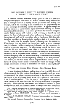 Insurer`s Duty to Defend Under a Liability Insurance Policy