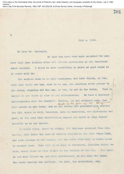 Frick writes on the Homestead strike, the arrival of Pinkerton men