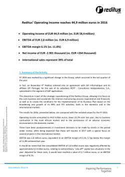 Reditus` Operating Income reaches 44,9 million euros in 2016