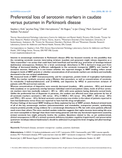 Preferential loss of serotonin markers in caudate versus