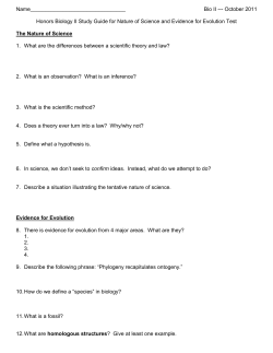 October 2011 B Honors Biology II Study Guide for Nature of Science