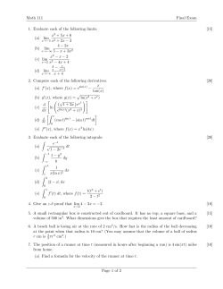 Math 111 Final Exam 1. [15] Evaluate each of the following limits. (a