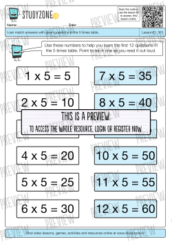 1 x 5 = 5 2 x 5 = 10 3 x 5 = 15 4 x 5 = 20 5 x 5 = 25 6 x