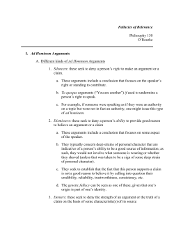 Fallacies of Relevance Philosophy 130 O`Rourke I. Ad Hominem