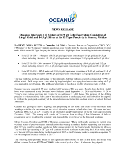NEWS RELEASE Oceanus Intersects 110 Meters of 0.79 g/t Gold