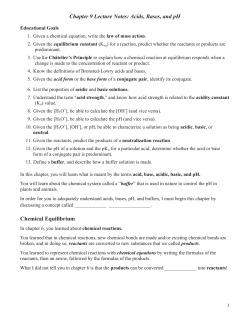 Chapter 9 Lecture Notes: Acids, Bases, and pH Chemical Equilibrium