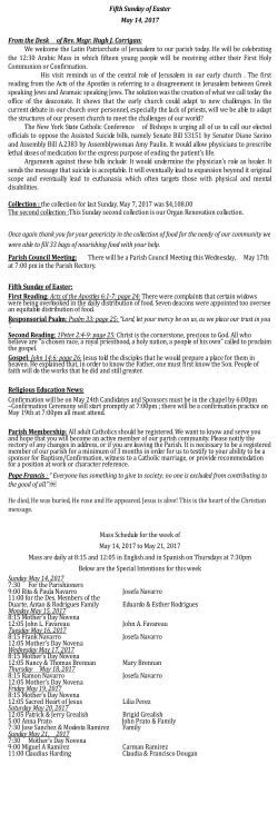 Fifth Sunday of Easter May 14, 2017 From the Desk of Rev. Msgr