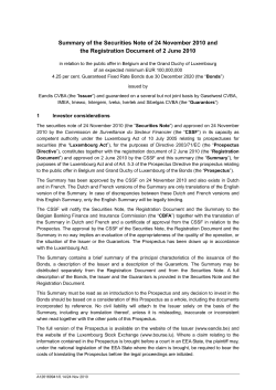 Summary of the Securities Note of 24 November 2010 and the