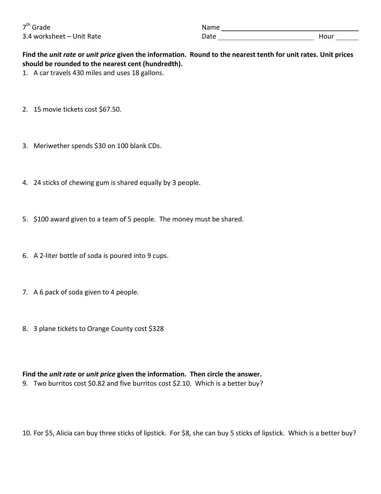 20th Grade Name 20.20 worksheet – Unit Rate Date Hour Find the unit For Unit Rate Worksheet 7th Grade