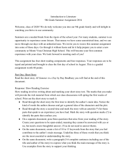 Introduction to Literature 9th Grade Summer Assignment 2016