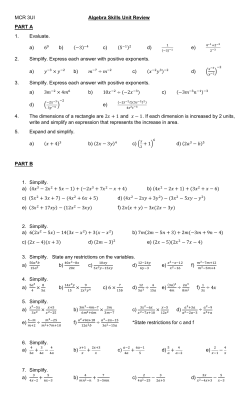 MCR 3UI Algebra Skills Unit Review PART A 1. Evaluate. a) 60 b