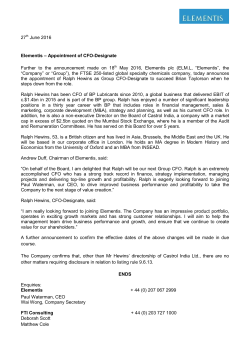 Elementis announces appointment of CFO-Designate