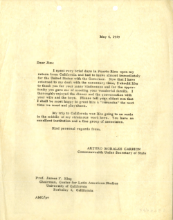 Carta de Arturo Morales Carrión a James F. King, 4 mayo 1959