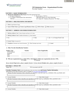NPI Submission Form &ndash; Organizational Provider Provider Number: