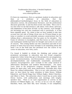 Traditionalist Education: A Needed Emphasis Robert S. Griffin www