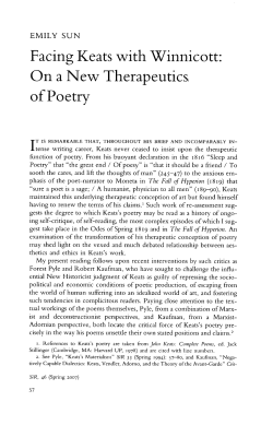 Facing Keats with Winnicott: On a New Therapeutics, of Poetry
