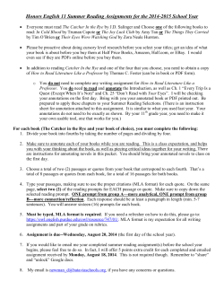 Honors English 11 Summer Reading Assignments for the 2014