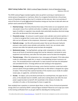 OSHA`s Lockout/Tagout Standard &ndash; Forms of Hazardous Energy