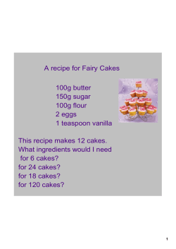 A recipe for Fairy Cakes 100g butter 150g sugar 100g flour 2 eggs 1