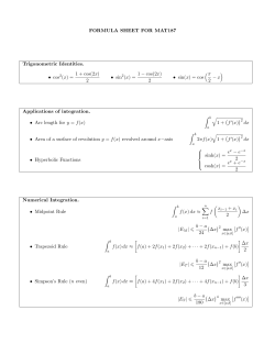 FORMULA SHEET FOR MAT187 Trigonometric Identities. &bull; cos 2(x