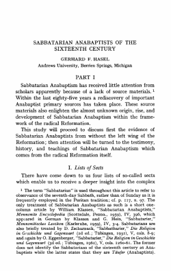 Sabbatarian Anabaptists of the Sixteenth Century: Part I
