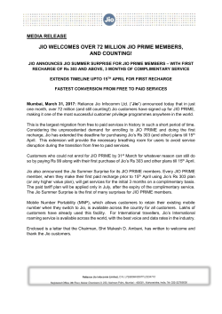 JIO WELCOMES OVER 72 MILLION JIO PRIME MEMBERS, AND