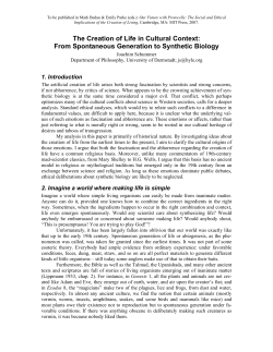 The Creation of Life in Cultural Context: From Spontaneous