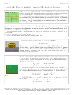 Module 1.2: Using the Quadratic Formula to Solve