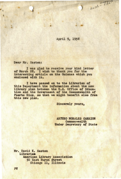 Letter to: Dear Mr. Easton from Arturo Morales Carri&oacute;n, April 9, 1958.
