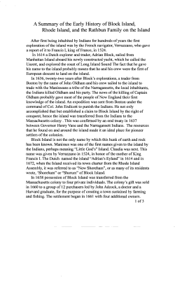 A Summary ofthe Early History ofBlock Island, Rhode Island, and the
