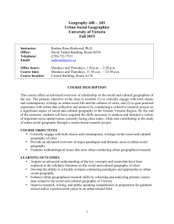 Geography 448 &ndash; A01 Urban Social Geographies University of