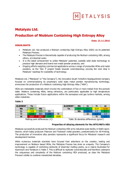 Metalysis Ltd. Production of Niobium Containing High Entropy Alloy