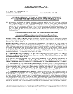 Proposed Settlement - US Securities Class Action