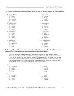 Name: Level Green, Unit 9: Practice Vocabulary Workshop, Level