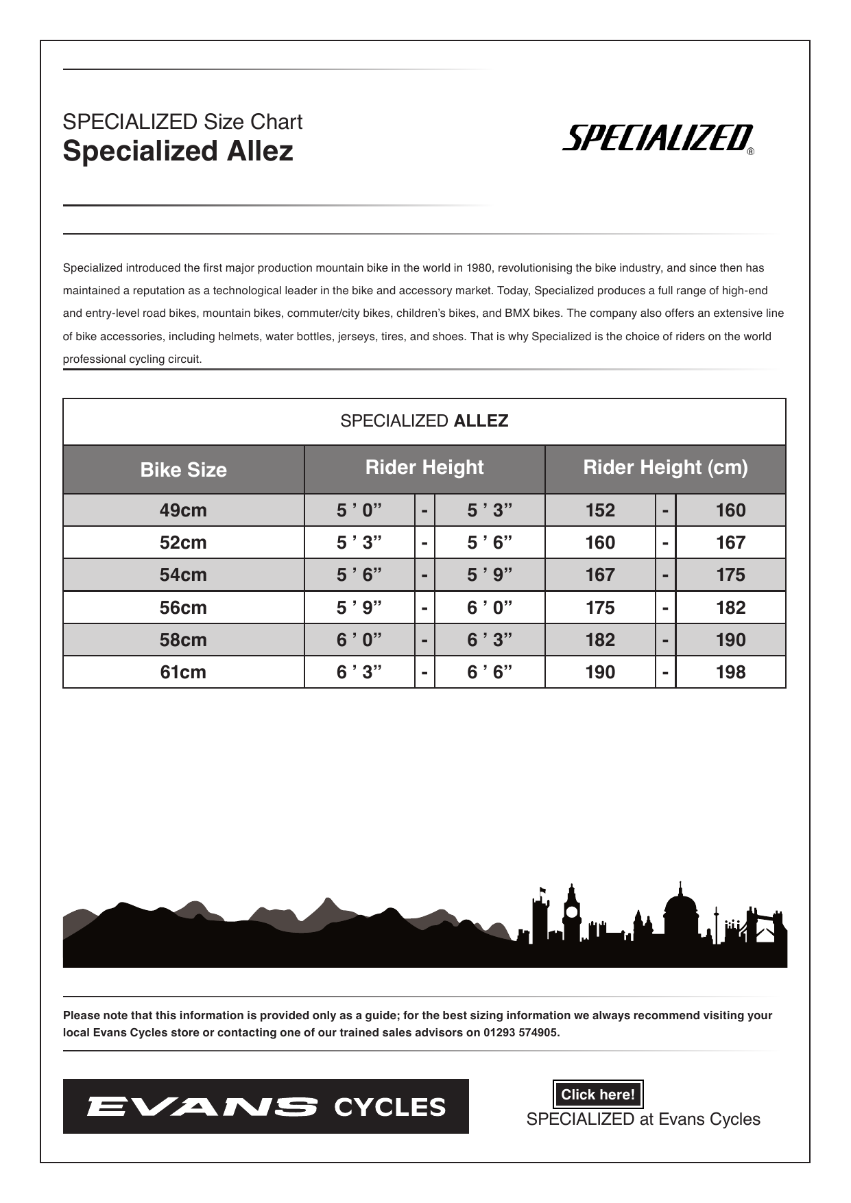 SPECIALIZED ALLEZ Sizing Chart