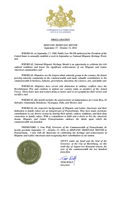 Governor Wolf Proclamation Hispanic Heritage Month