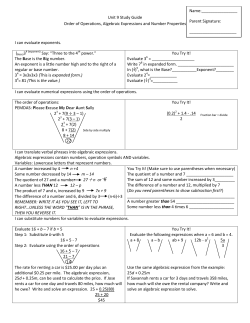 Unit 9 Study Guide Order of Operations, Algebraic Expressions and