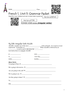 French 1, French 1, Unit 5: Grammar Packet Unit 5: Grammar Packet