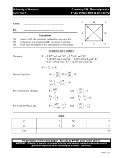 University of Waterloo Chemistry 254: Thermodynamics Term Test 1