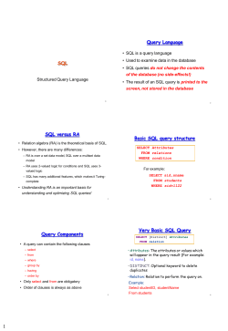 SQL Query Language SQL versus RA Basic SQL query