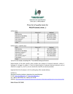 Price list of quality tests for
